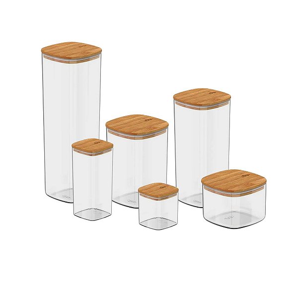 Kit 6 Potes Herméticos Tampa de Bambu Porta Mantimentos Keep
