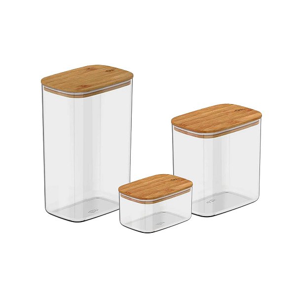 Kit 3 Potes Herméticos com Tampa de Bambu Mantimento Keep