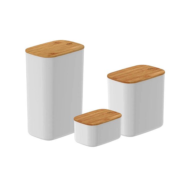 Kit 3 Potes Herméticos Branco com Tampa de Bambu Porta Mantimento Keep Ou