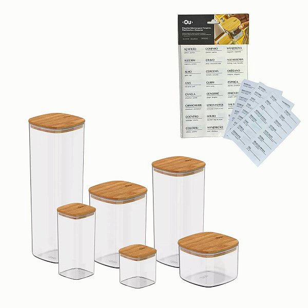 Kit 6 Potes Herméticos Quadrado com Tampa de Bambu e Etiquetas Mantimentos Keep Ou