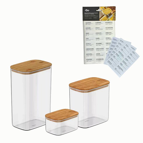 Kit 3 Potes Retangular Herméticos c/ Etiquetas Adesivas Mantimentos Organizador Keep