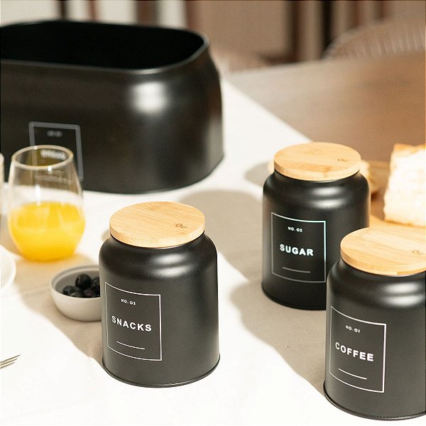 Kit 4 Latas Sense com Tampa de Bambu Biscoito Açúcar Café
