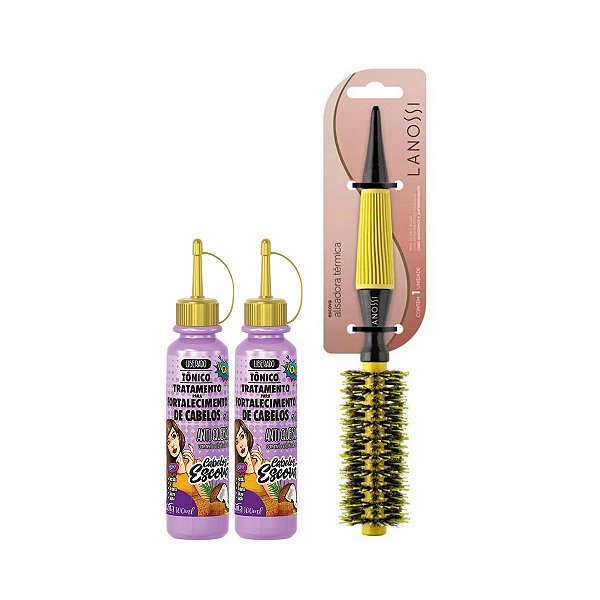 Kit Escova 15mm Cabelo Alisadora 2 Tônicos Escova AntiQuebra