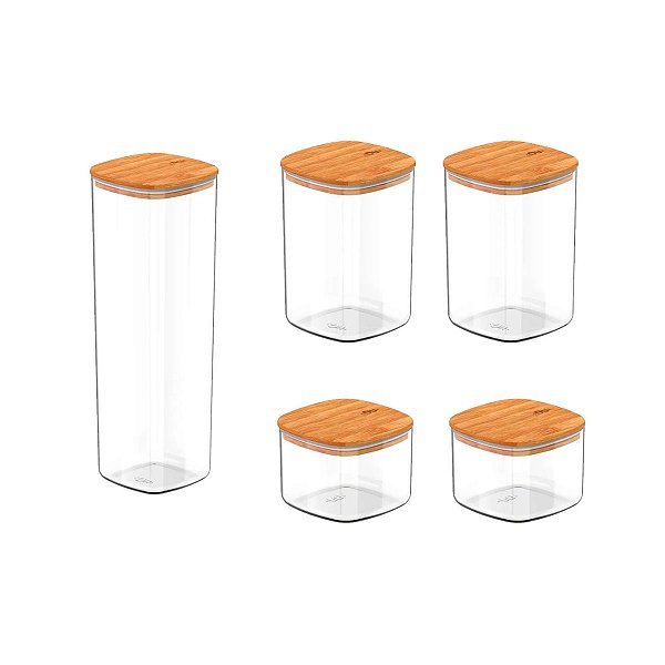 Kit 5 Potes Herméticos Porta Mantimentos Organização Bambu
