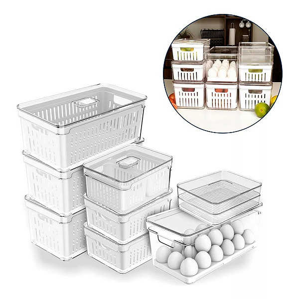 Kit Organizador Multiuso Clear Fresh 8pçs Cozinha Geladeira