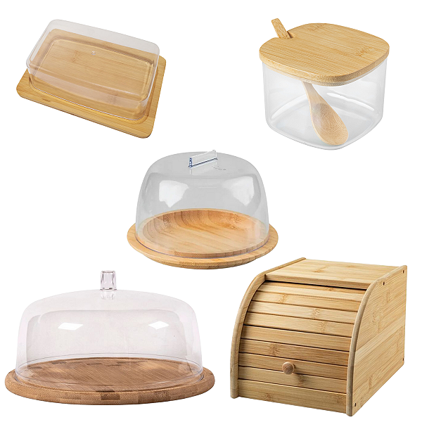 Kit 5 Pçs Bambu Porta Queijo Açucar Pão Boleira Manteiga Ou