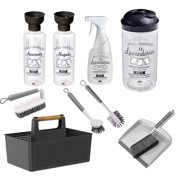 Kit Lavanderia 9pçs Organização Uso Diário Cesto Escova Pá