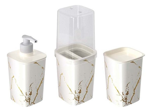 Kit Banheiro 3 Peças Dispenser Porta Algodão Porta Escova Dec