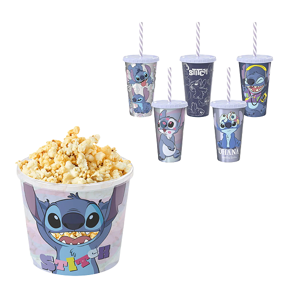 Kit Cineminha Stitch Balde de Pipoca + Copo Refri 500 ml