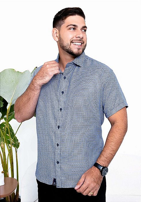 CAMISA SLIM  - ESTAMPADA - MANGA CURTA - COR AZUL MARINHO