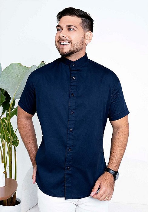CAMISA SLIM - GOLA PADRE - MANGA CURTA - COR AZUL MARINHO