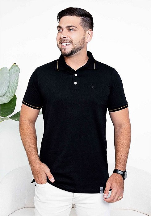 T-SHIRT MASCULINA - GOLA POLO BORDADO PRETO - COR PRETO