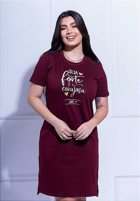 VESTIDO PREMIUM ALGODÃO - SEJA FORTE E CORAJOSA - COR BORDO
