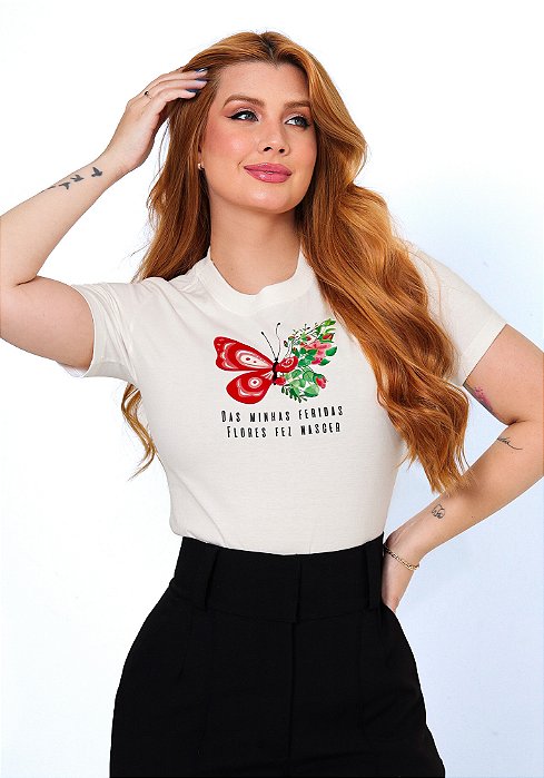 T-SHIRT FEMININA - FERIDAS FLORES - COR MARFIM