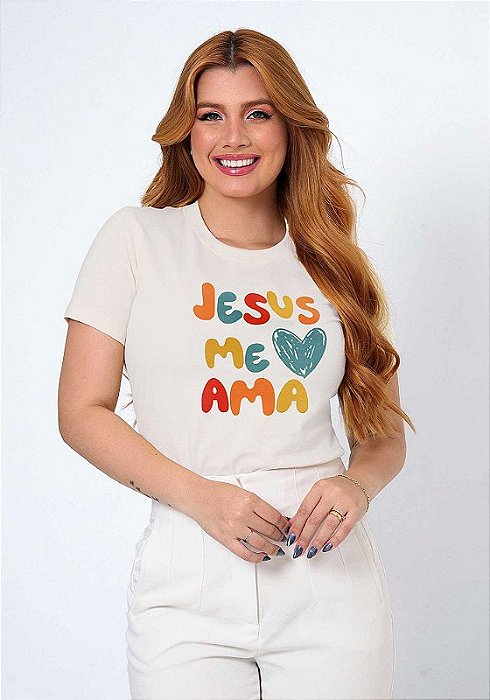 T-SHIRT FEMININA - JESUS ME AMA - COR MARFIM
