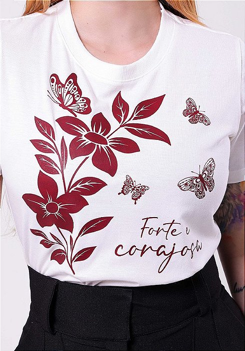 T-SHIRT FEMININA - FORTE E CORAJOSA - COR MARFIM