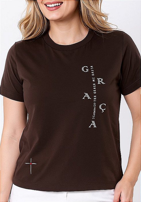 T-SHIRT FEMININA - GRAÇA 2 CORÍNTIOS 12:9 - COR MARROM