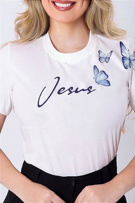 T-SHIRT FEMININA - BORBOLETAS OMBRO JESUS