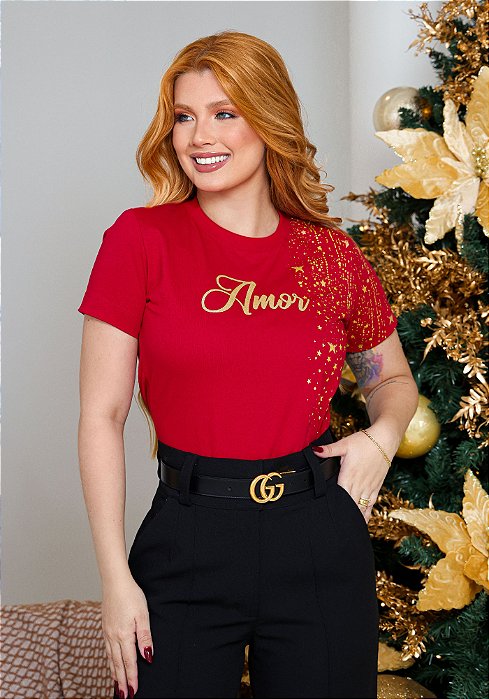T-SHIRT FEMININA - AMOR ESTRELAS - COR VERMELHO