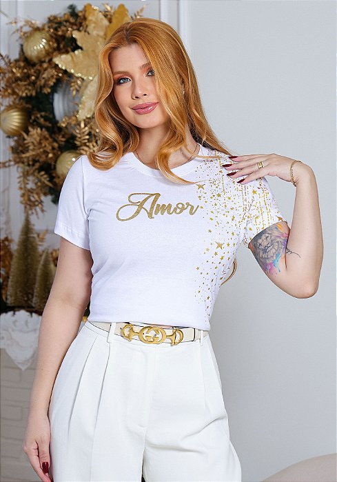 T-SHIRT FEMININA - AMOR ESTRELAS - COR BRANCO