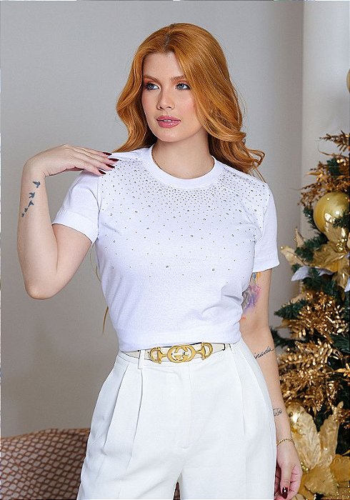 T-SHIRT FEMININA - STRASS - COR BRANCO