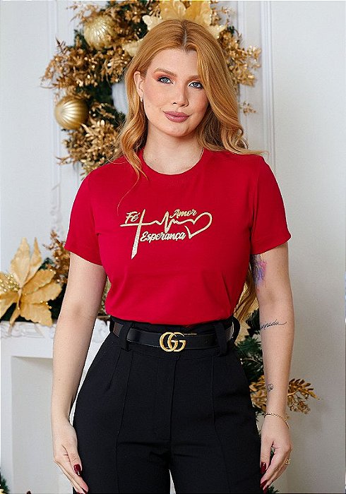 T-SHIRT FEMININA - FÉ, AMOR, ESPERANÇA - COR VERMELHO