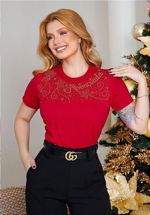 T-SHIRT FEMININA - ABENÇOADA GOLA - COR VERMELHO