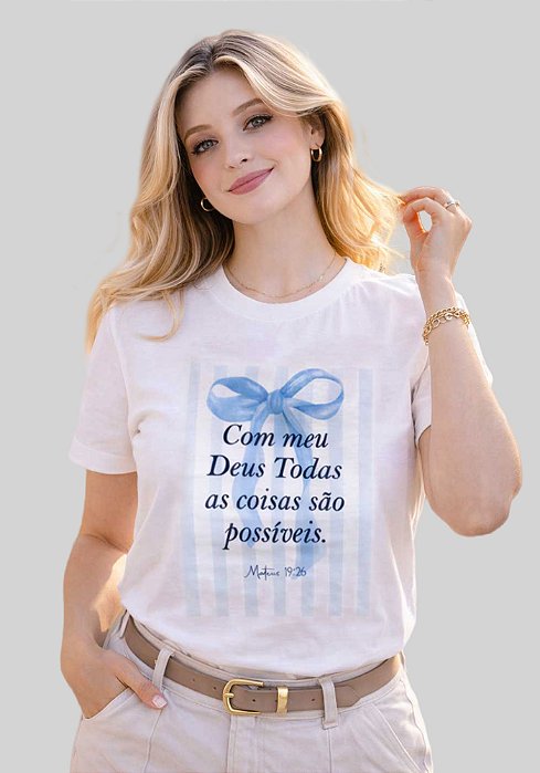 T-SHIRT FEMININA - COM MEU DEUS MATEUS 19:26 - COR MARFIM