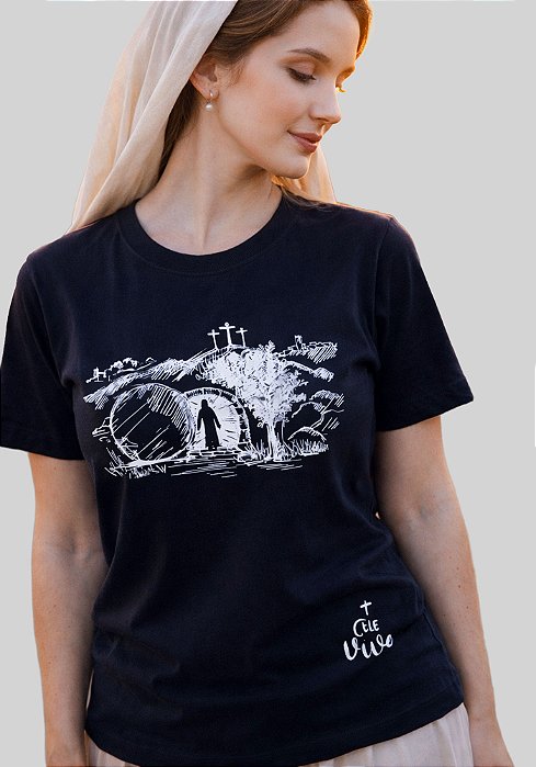 T-SHIRT FEMININA - CRUZ ELE VIVE - COR PRETO
