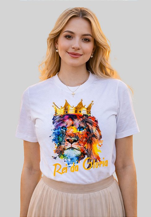 T-SHIRT FEMININA - LEÃO COLORIDO REI DA GLÓRIA - COR MARFIM