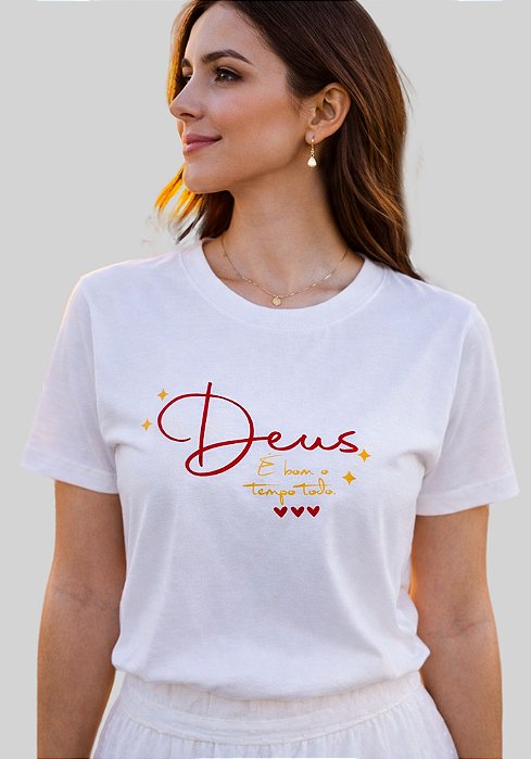 T-SHIRT FEMININA - DEUS É BOM O TEMPO TODO - COR MARFIM