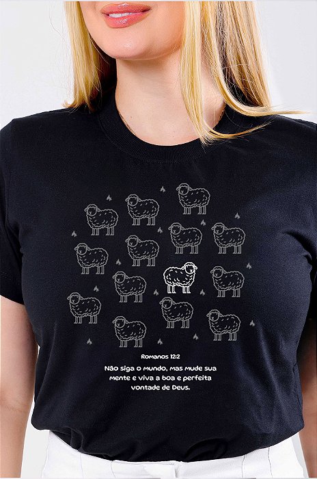 T-SHIRT FEMININA - OVELHAS ROMANOS 12:2 - COR PRETO