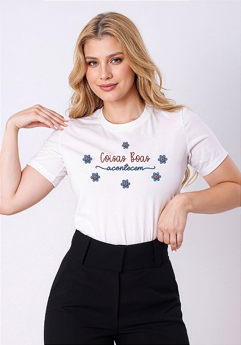 T-SHIRT FEMININA - COISAS BOAS ACONTECEM - COR MARFIM