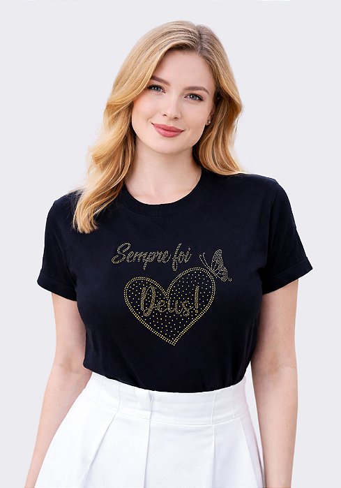 T-SHIRT FEMININA - SEMPRE FOI DEUS STRASS - COR PRETO
