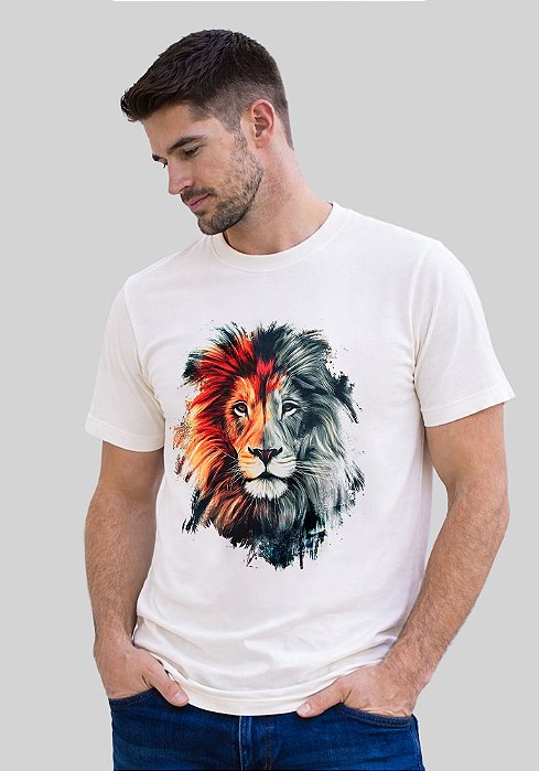 T-SHIRT MASCULINA - LEÃO COLORIDO - COR MARFIM