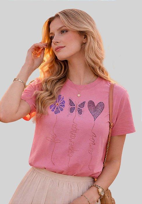 T-SHIRT FEMININA - FÉ, ESPERANÇA, AMOR - STRASS - COR ROSA BATOM