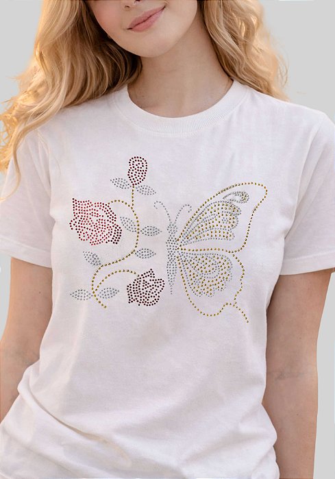 T-SHIRT FEMININA - BORBOLETA FLOR STRASS - COR MARFIM
