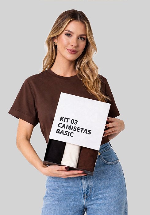 KIT 03 CAMISETAS BASIC EM ALGODÃO - COR PRETO/MARROM/OFF-WHITE