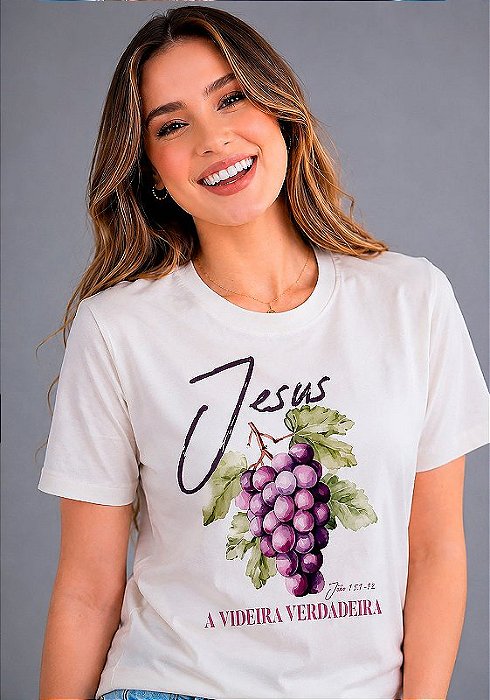 T-SHIRT FEMININA - JESUS A VIDEIRA VERDADEIRA - COR MARFIM