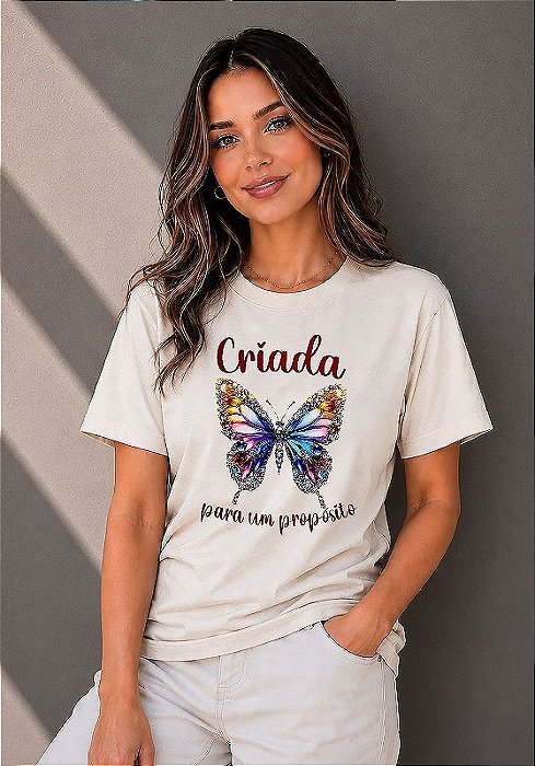 T-SHIRT FEMININA - CRIADA PARA UM PROPÓSITO - COR MARFIM