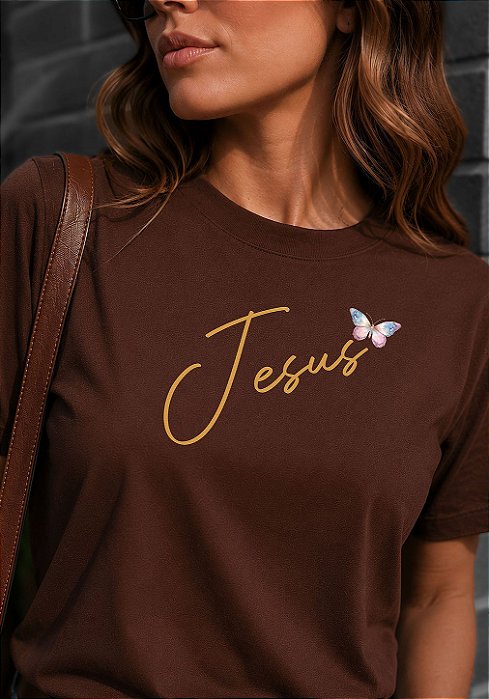 T-SHIRT FEMININA - JESUS BORBOLETA - COR MARROM