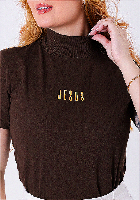 T-SHIRT GOLA ALTA - JESUS - ALTO RELEVO- MARROM