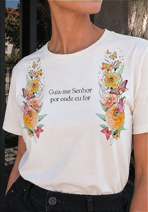 T-SHIRT FEMININA - FLORES GUIA-ME SENHOR - COR MARFIM