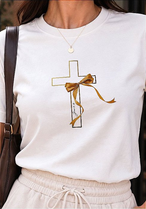 T-SHIRT FEMININA - CRUZ LAÇO JOÃO 3:16 - COR MARFIM