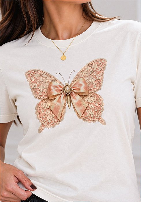 T-SHIRT FEMININA - BORBOLETA RENDA COM LAÇO - COR MARFIM