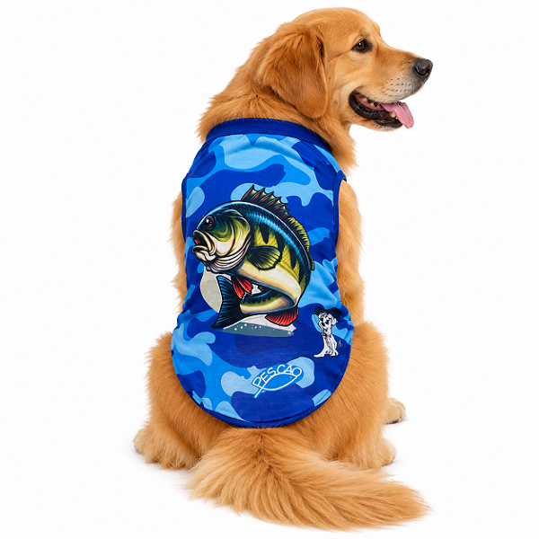 Roupa Pet Pescão Azul camuflado Regata Dryfit proteção uv