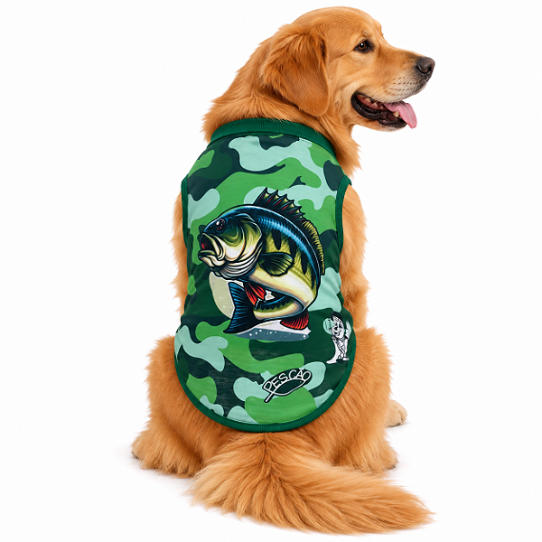 Roupa Pet Pescão Verde camuflado Regata Dryfit proteção uv
