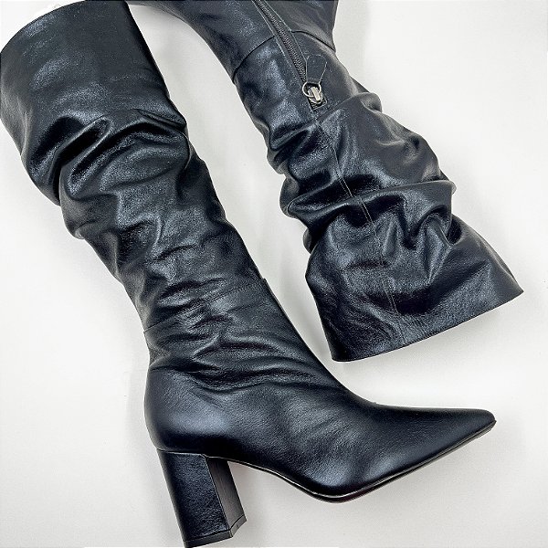 Bota Viena - Bota Couro Preta Cano Longo Salto Bloco