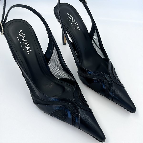 Slingback Mônaco - Slingback Preto com Transparência Salto Fino