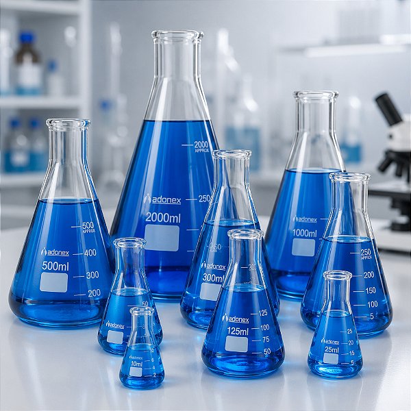 Frasco Erlenmeyer de Vidro Borosilicato 3.3, Graduado com Boca Estreita